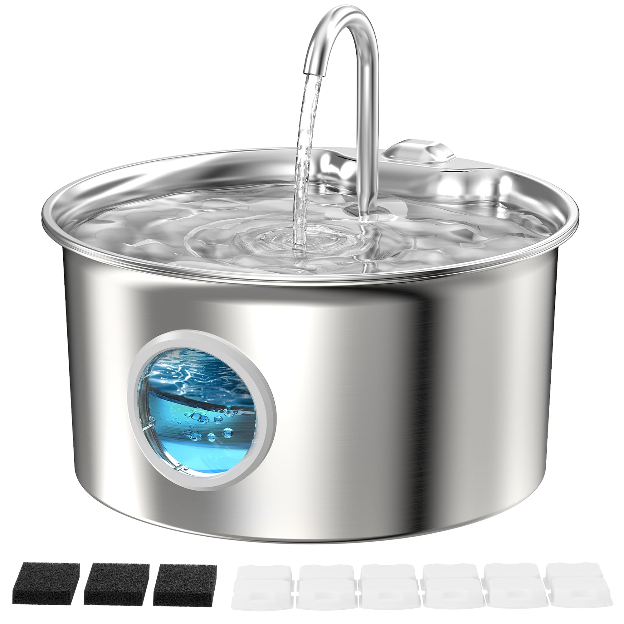 Cat Water Fountain Stainless Steel: Cat Fountain for Drinking - 2.6L Water Fountain Cats Bowl - Silent Pet Drinking Fountain - Pet Water Dispenser with 6 Filters + 3 Sponge Filters
