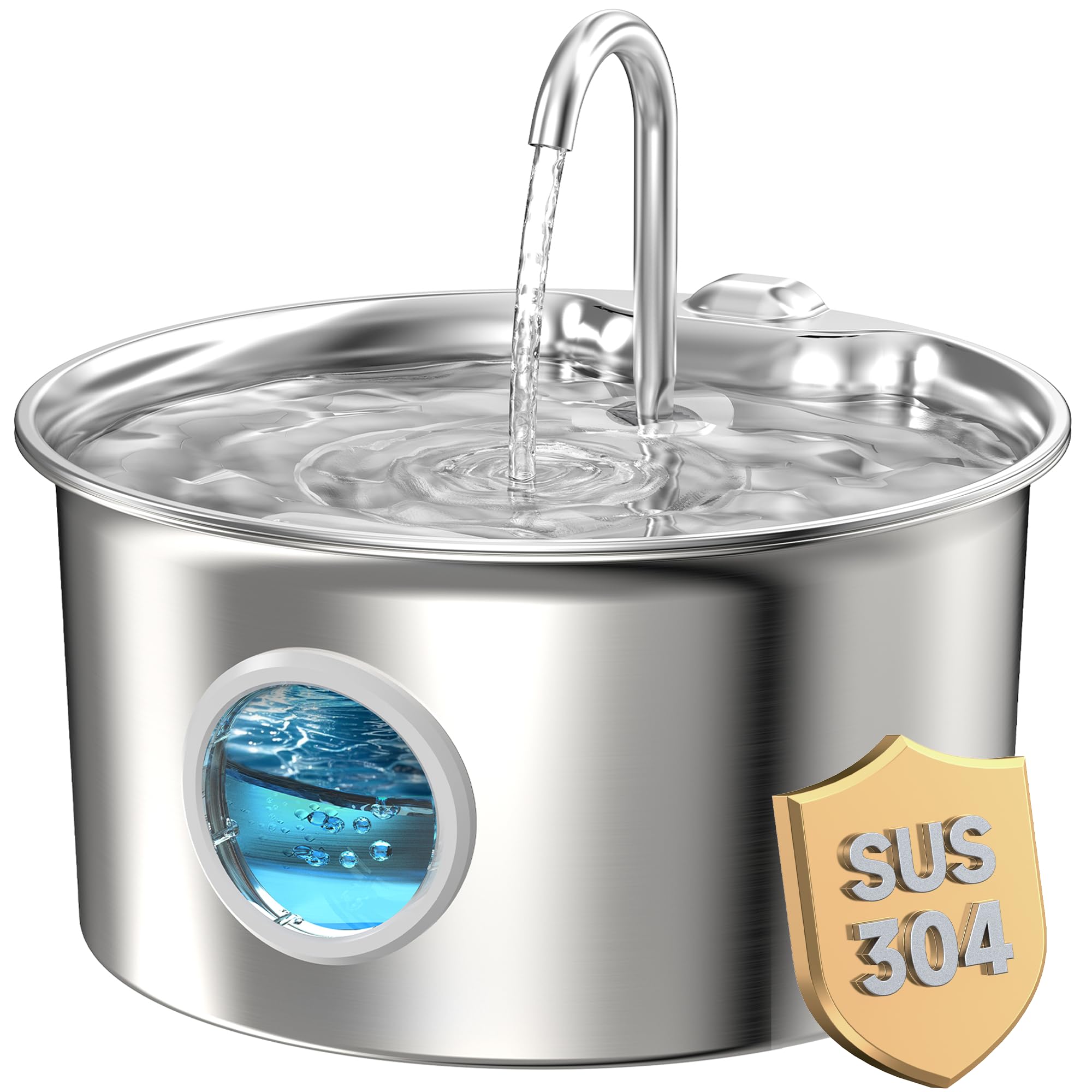 Cat Water Fountain Stainless Steel: Cat Fountain for Drinking - 2.6L Water Fountain Cats Bowl - Silent Pet Drinking Fountain - Pet Water Dispenser with 6 Filters + 3 Sponge Filters