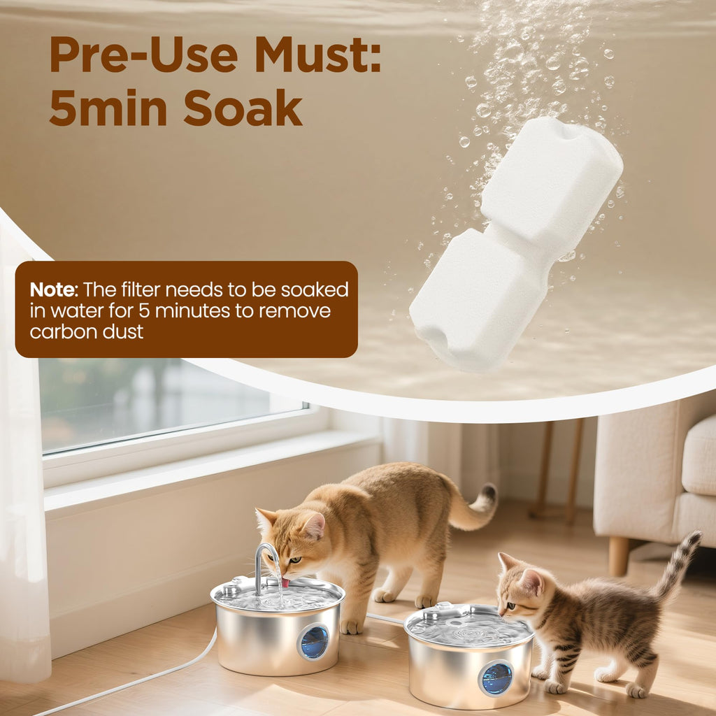 Cat Water Fountain Stainless Steel: Cat Fountain for Drinking - 2.6L Water Fountain Cats Bowl - Silent Pet Drinking Fountain - Pet Water Dispenser with 6 Filters + 3 Sponge Filters