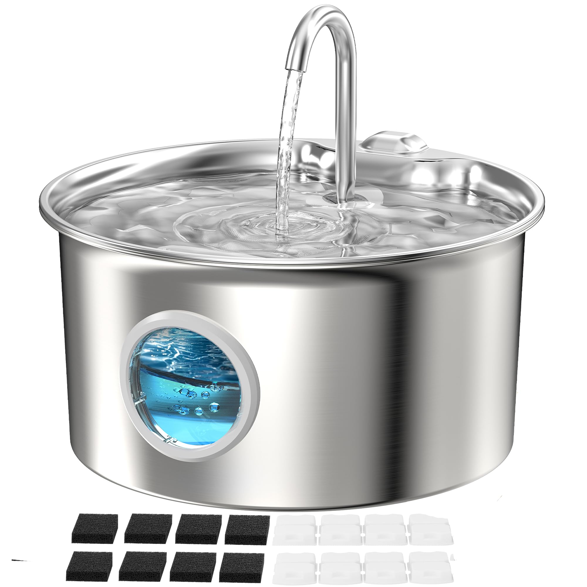 Cat Water Fountain Stainless Steel: Cat Fountain for Drinking - 2.6L Water Fountain Cats Bowl - Silent Pet Drinking Fountain - Pet Water Dispenser with 6 Filters + 3 Sponge Filters