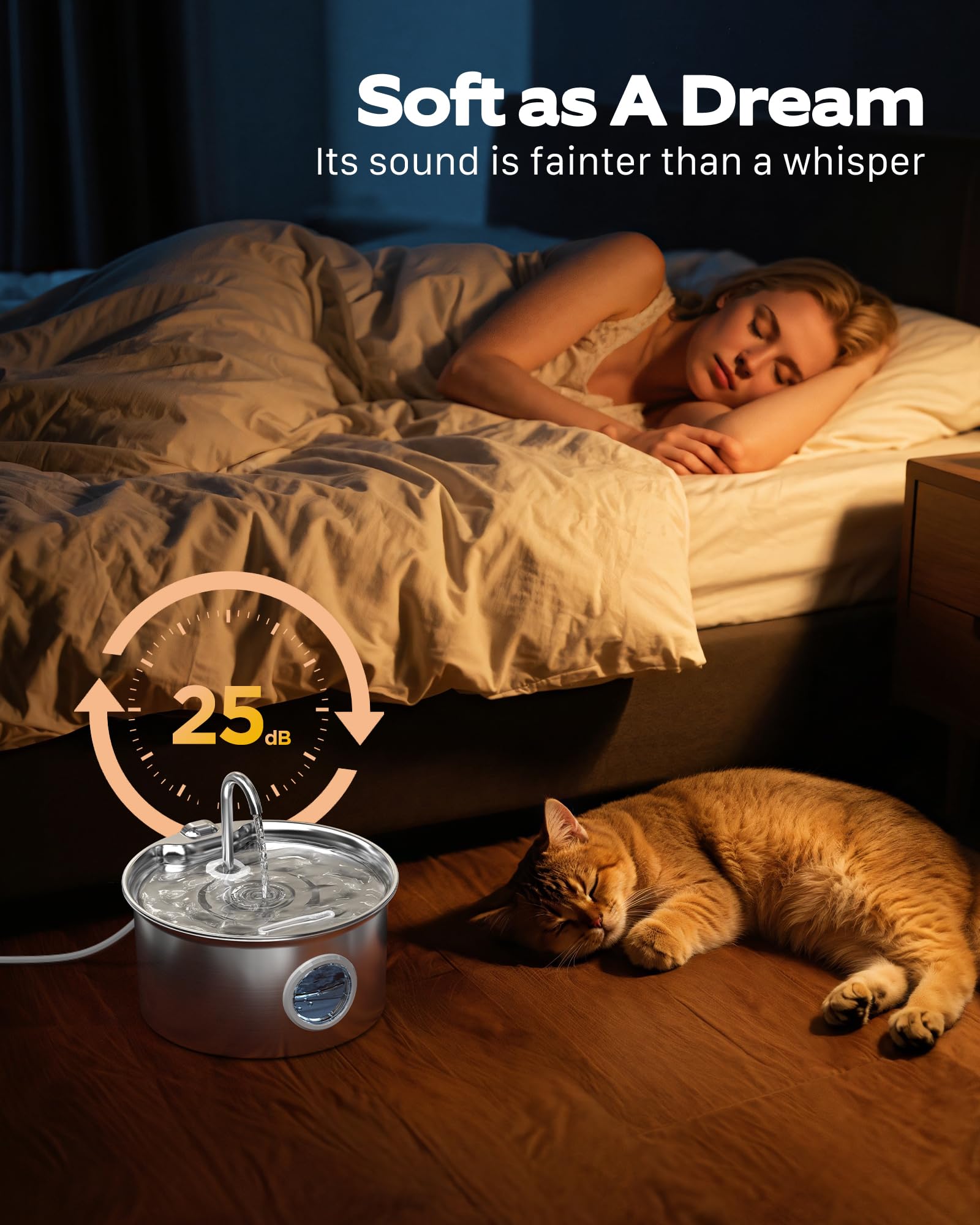 Cat Water Fountain Stainless Steel: Cat Fountain for Drinking - 2.6L Water Fountain Cats Bowl - Silent Pet Drinking Fountain - Pet Water Dispenser with 6 Filters + 3 Sponge Filters