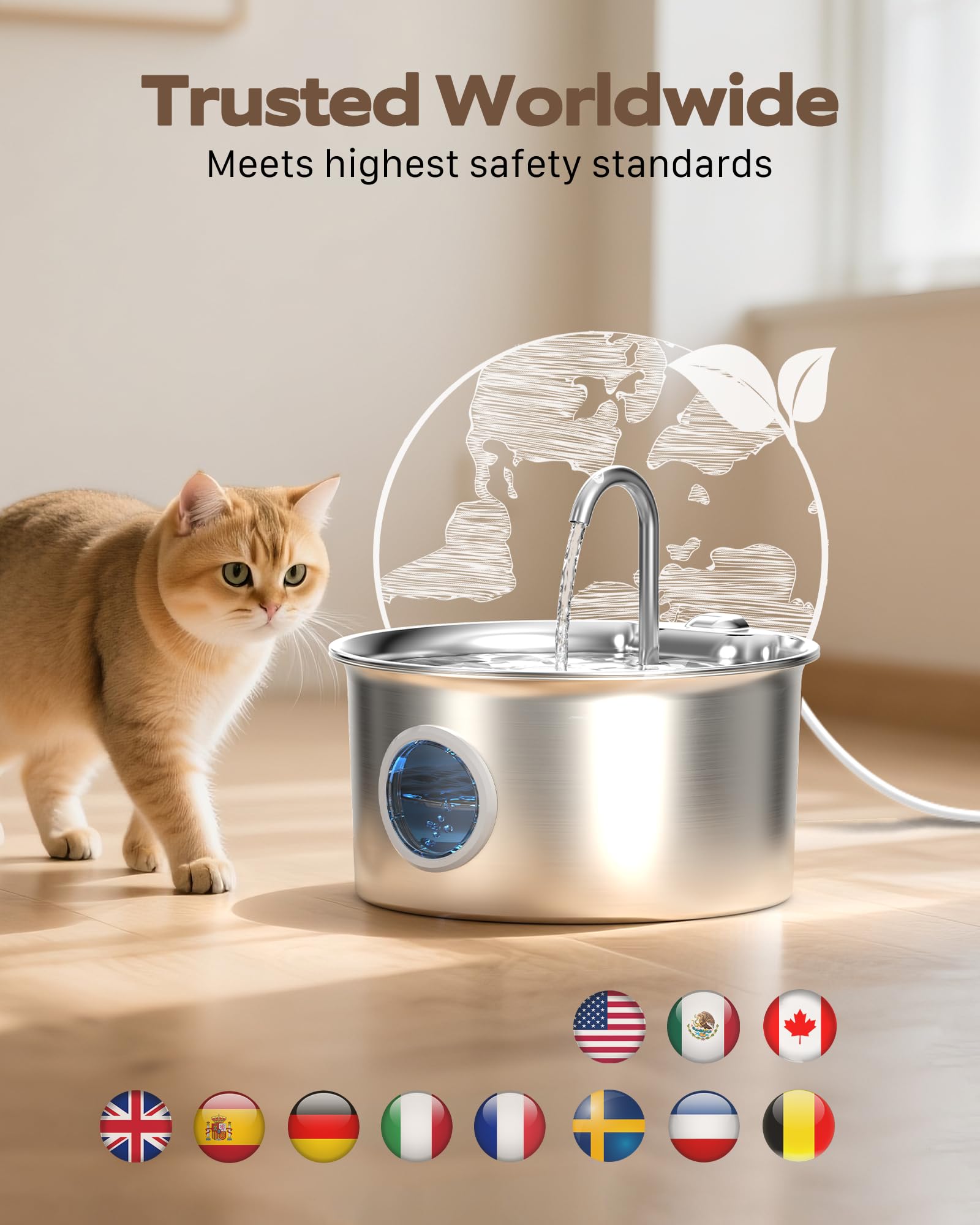 Cat Water Fountain Stainless Steel: Cat Fountain for Drinking - 2.6L Water Fountain Cats Bowl - Silent Pet Drinking Fountain - Pet Water Dispenser with 6 Filters + 3 Sponge Filters