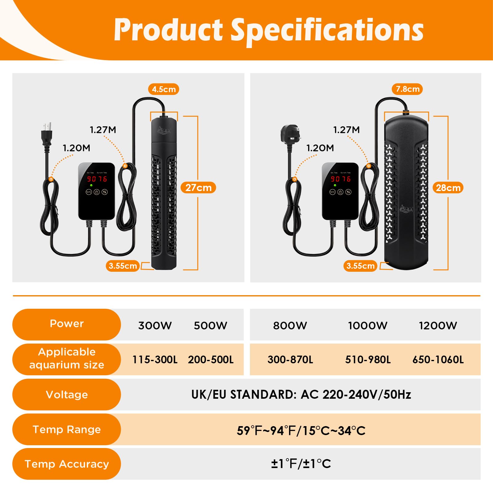 AQQA Aquarium Heater,300W Fish Tank Heater with External LED Thermostat Controller,Submersible Quartz Glass Aquarium Heater,Intelligent Overheat,Over-Temp Protection,Memory Function,for 115-300L Tank