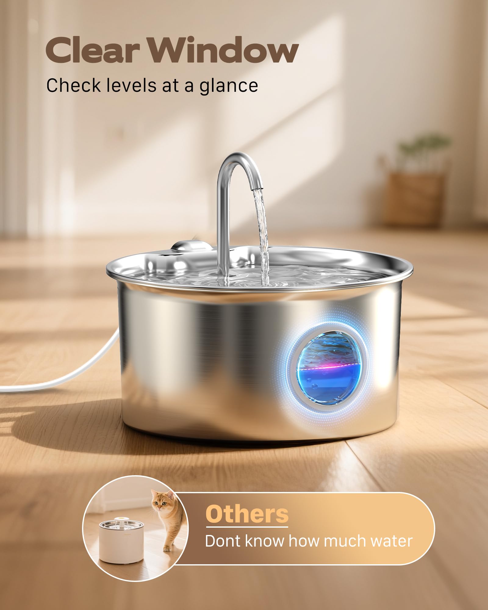 Cat Water Fountain Stainless Steel: Cat Fountain for Drinking - 2.6L Water Fountain Cats Bowl - Silent Pet Drinking Fountain - Pet Water Dispenser with 6 Filters + 3 Sponge Filters