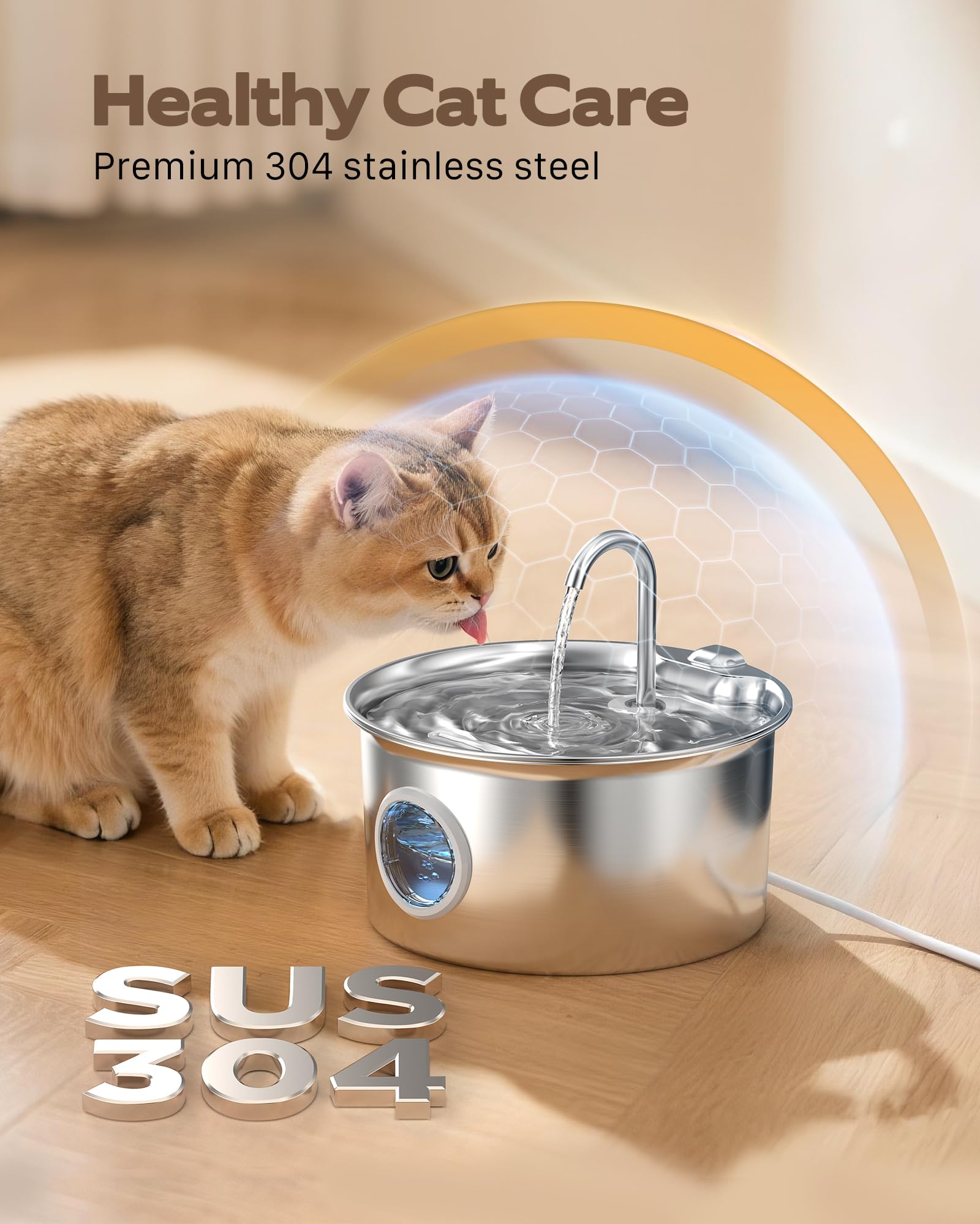 Cat Water Fountain Stainless Steel: Cat Fountain for Drinking - 2.6L Water Fountain Cats Bowl - Silent Pet Drinking Fountain - Pet Water Dispenser with 6 Filters + 3 Sponge Filters