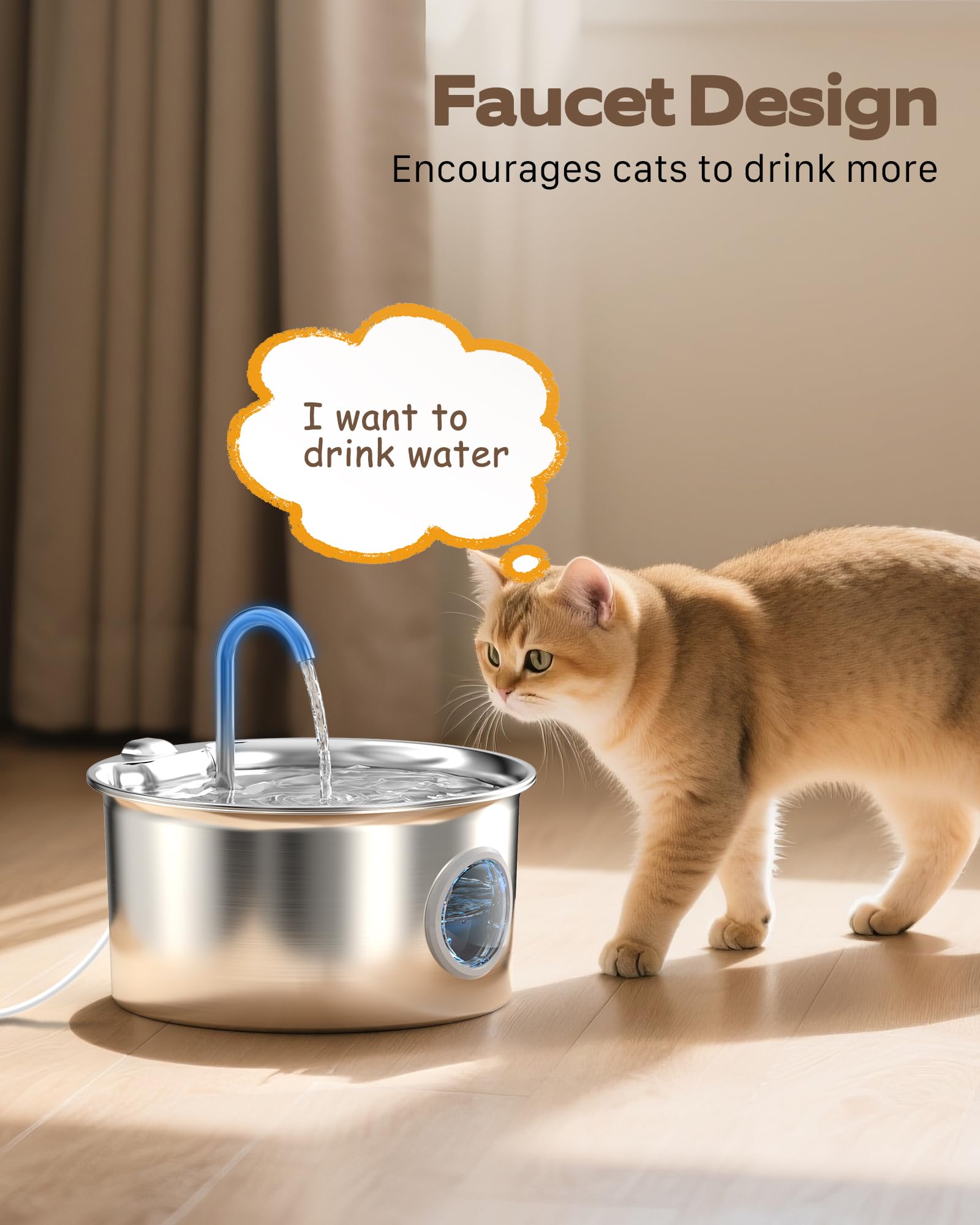 Cat Water Fountain Stainless Steel: Cat Fountain for Drinking - 2.6L Water Fountain Cats Bowl - Silent Pet Drinking Fountain - Pet Water Dispenser with 6 Filters + 3 Sponge Filters