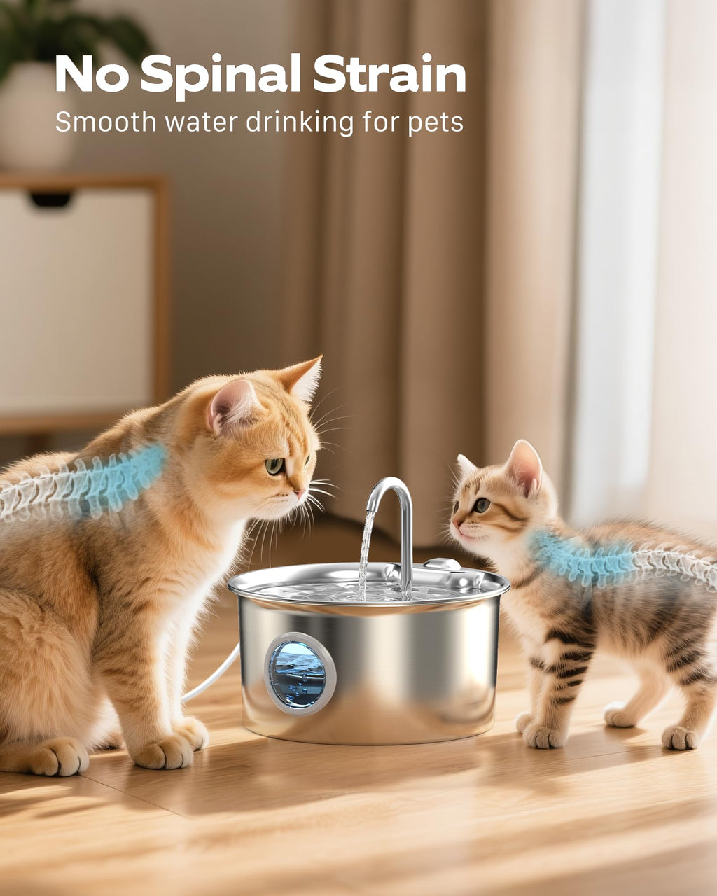 Cat Water Fountain Stainless Steel: Cat Fountain for Drinking - 2.6L Water Fountain Cats Bowl - Silent Pet Drinking Fountain - Pet Water Dispenser with 6 Filters + 3 Sponge Filters
