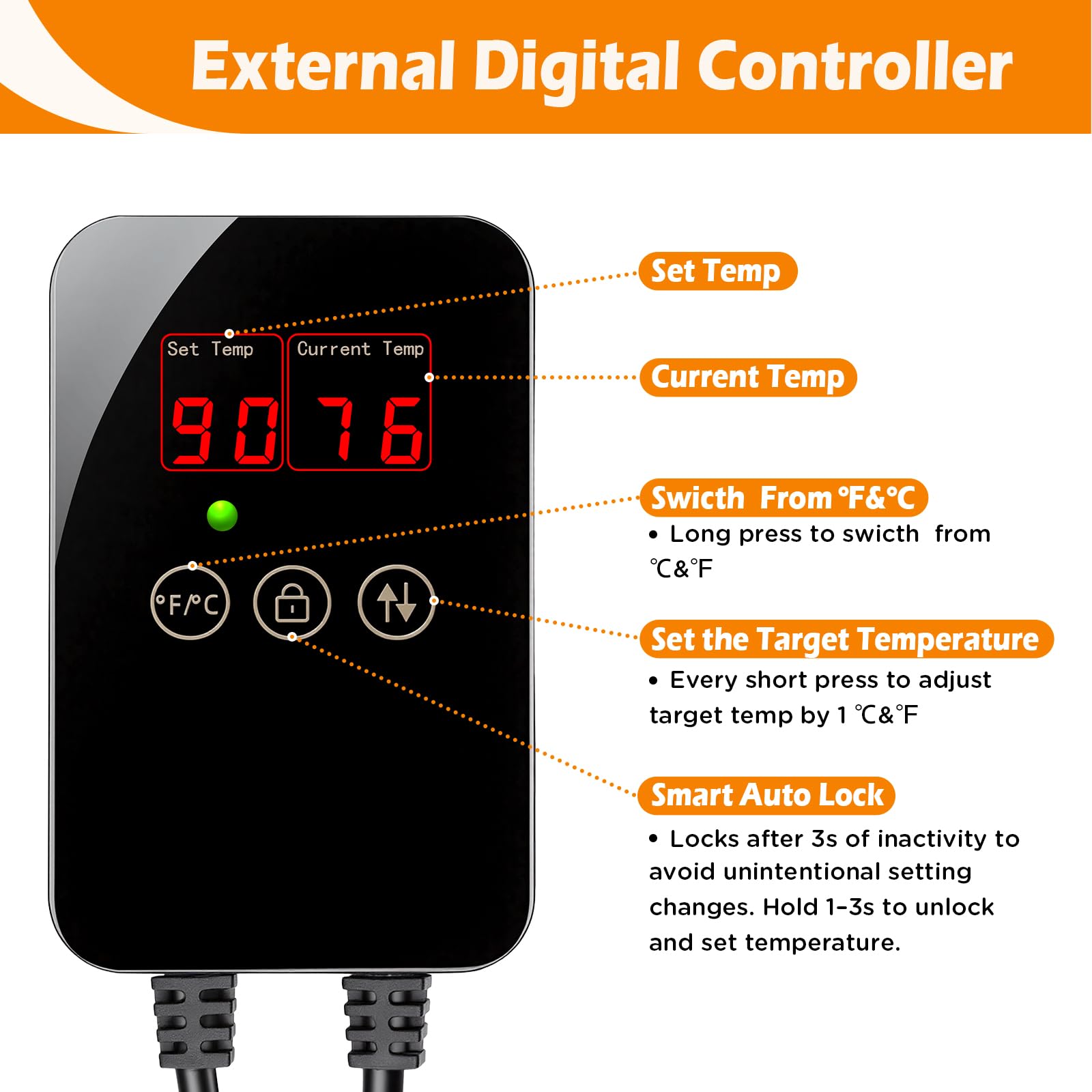AQQA Aquarium Heater,300W Fish Tank Heater with External LED Thermostat Controller,Submersible Quartz Glass Aquarium Heater,Intelligent Overheat,Over-Temp Protection,Memory Function,for 115-300L Tank