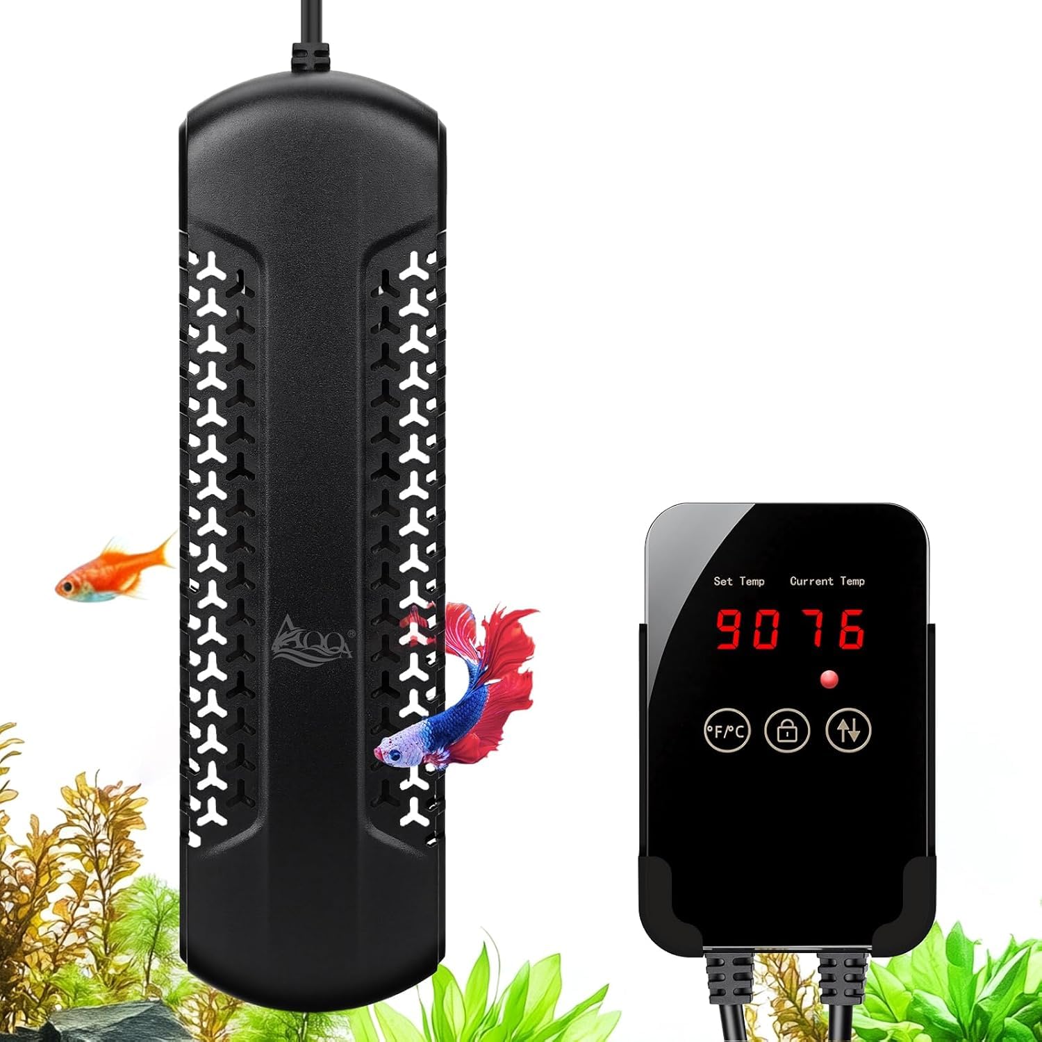 AQQA Aquarium Heater,300W Fish Tank Heater with External LED Thermostat Controller,Submersible Quartz Glass Aquarium Heater,Intelligent Overheat,Over-Temp Protection,Memory Function,for 115-300L Tank