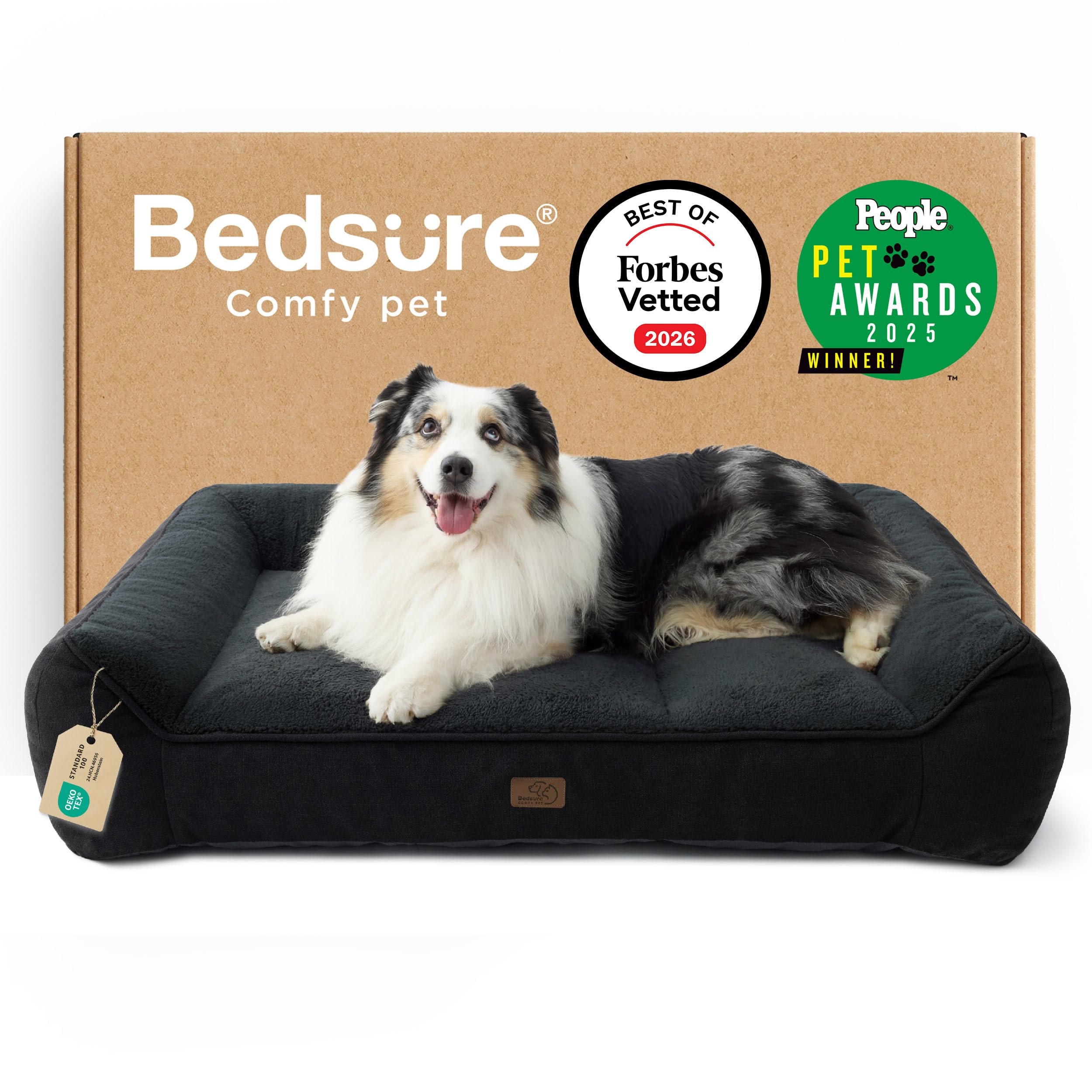 Bedsure XL Orthopedic Dog Beds Large - 106x76cm Extra Thick Supportive Dogs Sofa with Waterproof Washable Cover, Extra Large Pet Bed Sofa with Soft Plush Sherpa and Nonskid Bottom, Dark Grey
