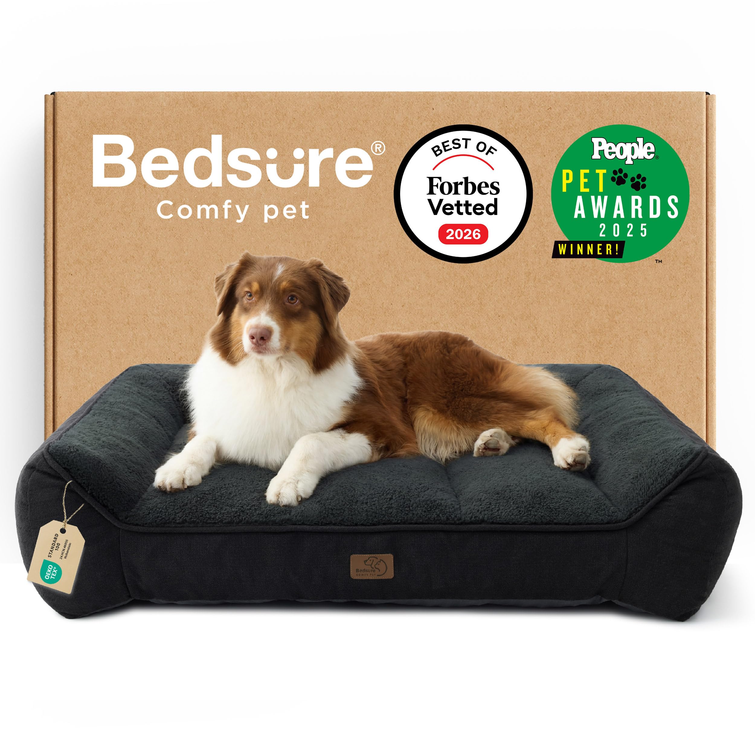 Bedsure XL Orthopedic Dog Beds Large - 106x76cm Extra Thick Supportive Dogs Sofa with Waterproof Washable Cover, Extra Large Pet Bed Sofa with Soft Plush Sherpa and Nonskid Bottom, Dark Grey