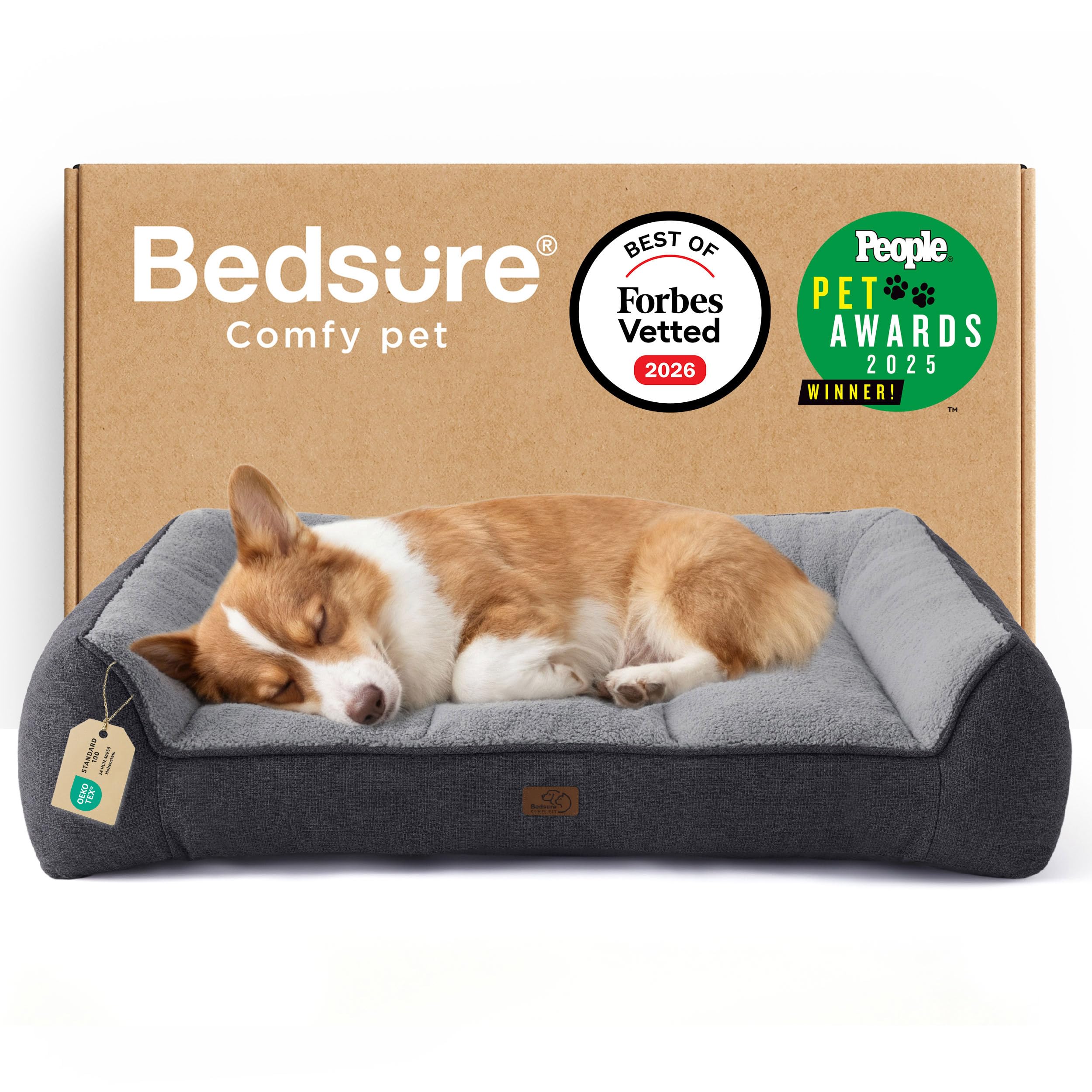 Bedsure XL Orthopedic Dog Beds Large - 106x76cm Extra Thick Supportive Dogs Sofa with Waterproof Washable Cover, Extra Large Pet Bed Sofa with Soft Plush Sherpa and Nonskid Bottom, Dark Grey