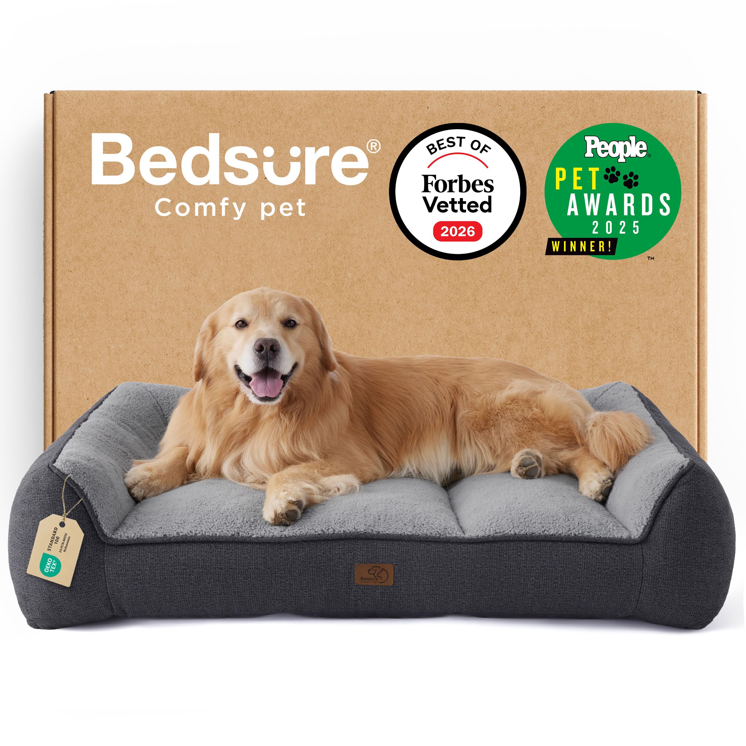 Bedsure XL Orthopedic Dog Beds Large - 106x76cm Extra Thick Supportive Dogs Sofa with Waterproof Washable Cover, Extra Large Pet Bed Sofa with Soft Plush Sherpa and Nonskid Bottom, Dark Grey