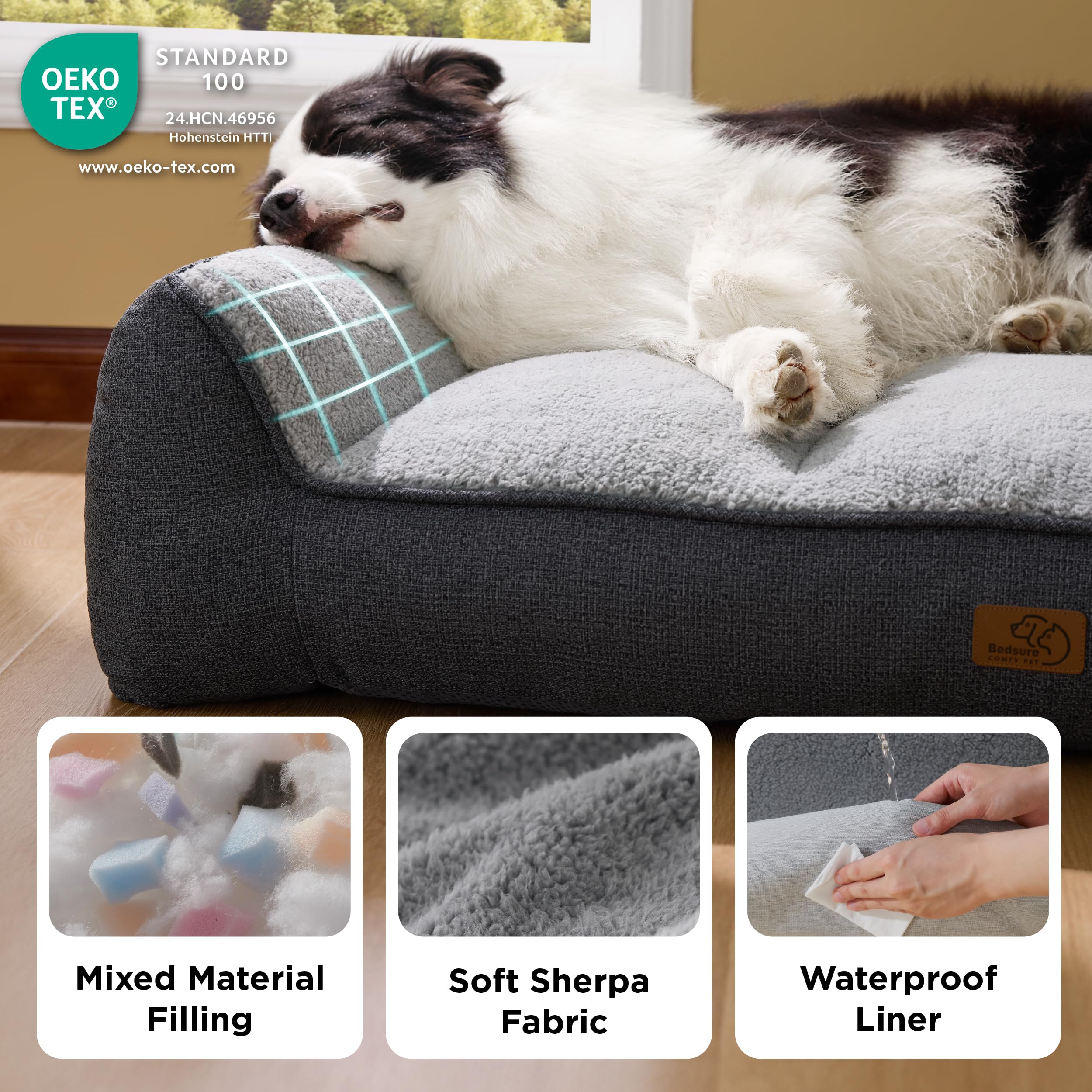 Bedsure XL Orthopedic Dog Beds Large - 106x76cm Extra Thick Supportive Dogs Sofa with Waterproof Washable Cover, Extra Large Pet Bed Sofa with Soft Plush Sherpa and Nonskid Bottom, Dark Grey