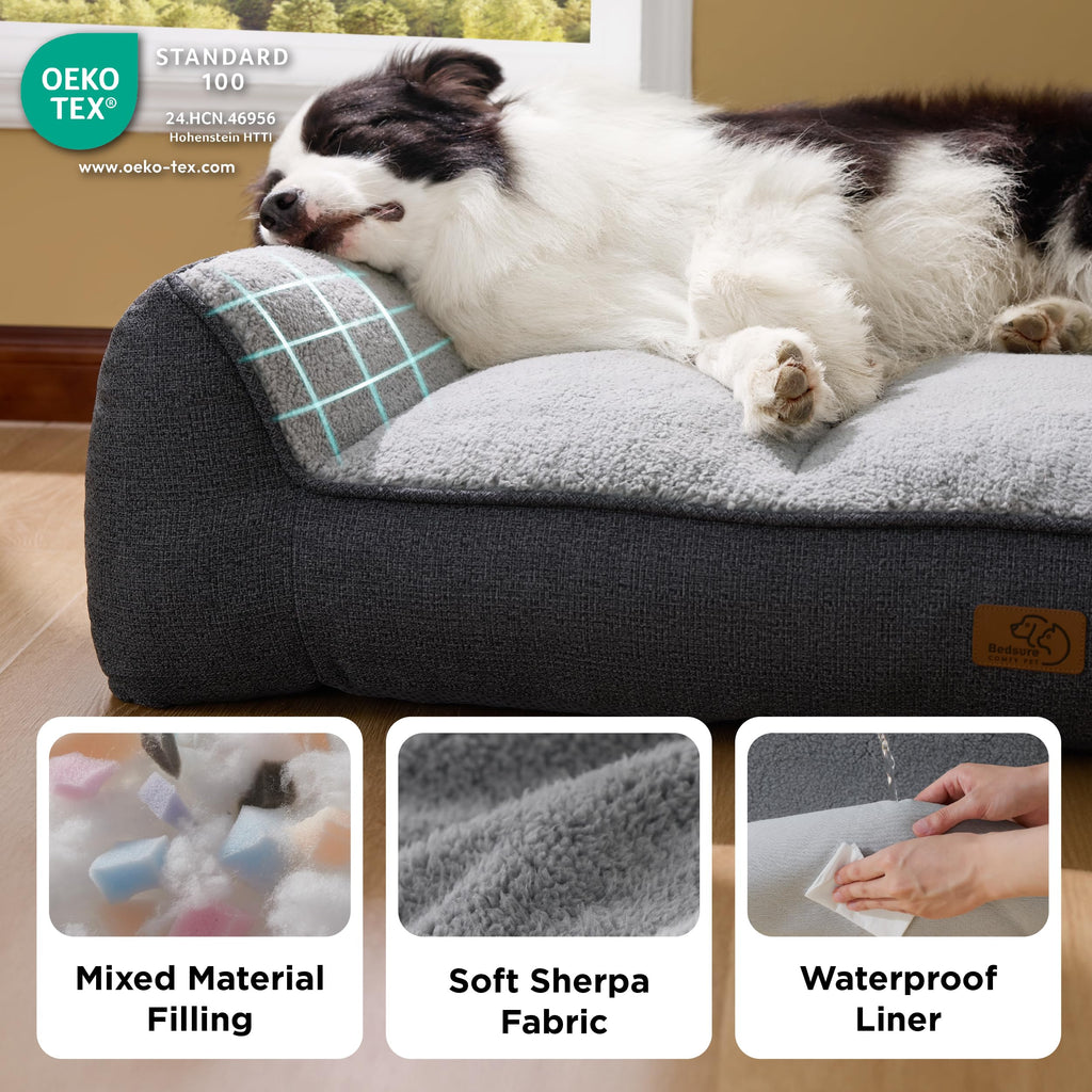 Bedsure XL Orthopedic Dog Beds Large - 106x76cm Extra Thick Supportive Dogs Sofa with Waterproof Washable Cover, Extra Large Pet Bed Sofa with Soft Plush Sherpa and Nonskid Bottom, Dark Grey
