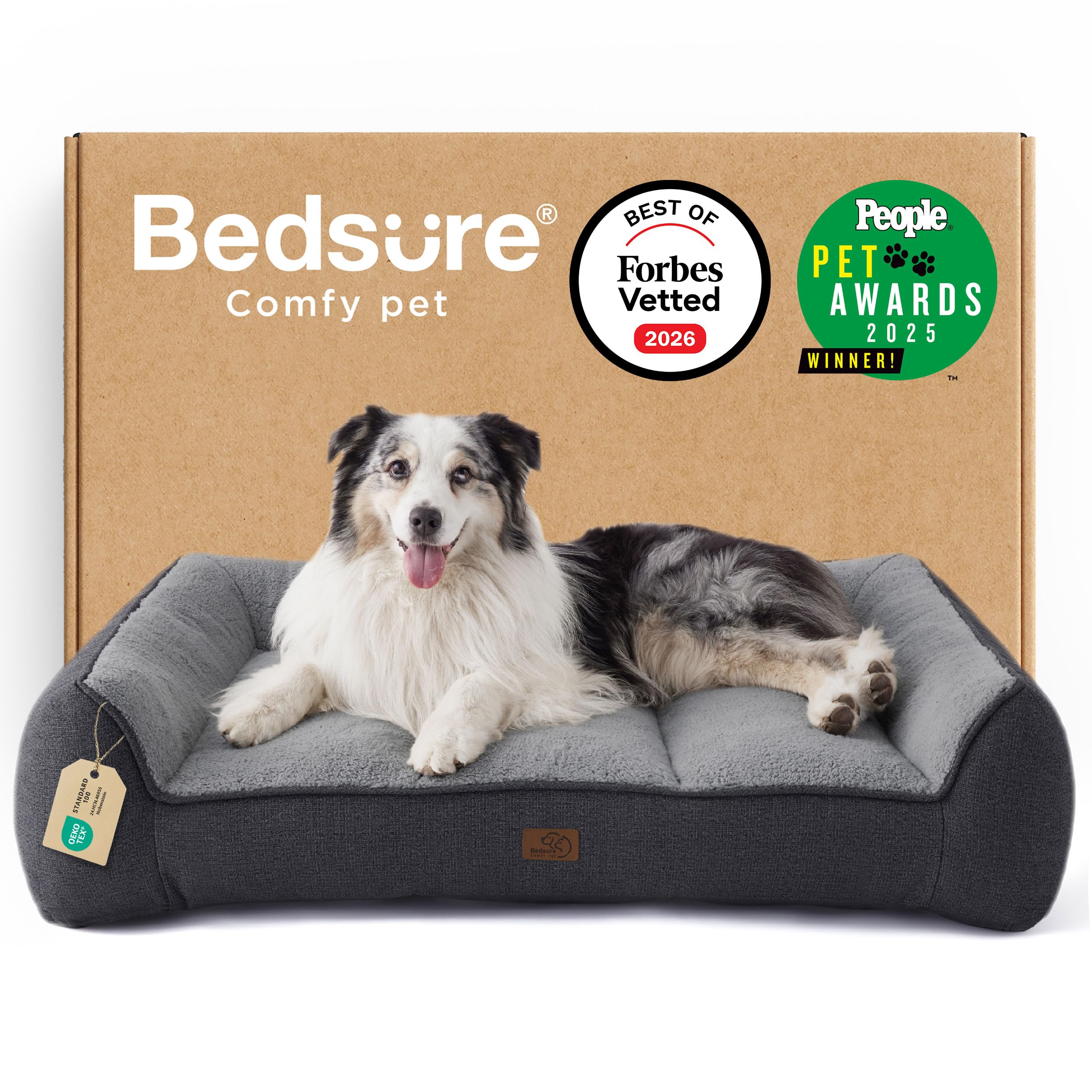 Bedsure XL Orthopedic Dog Beds Large - 106x76cm Extra Thick Supportive Dogs Sofa with Waterproof Washable Cover, Extra Large Pet Bed Sofa with Soft Plush Sherpa and Nonskid Bottom, Dark Grey