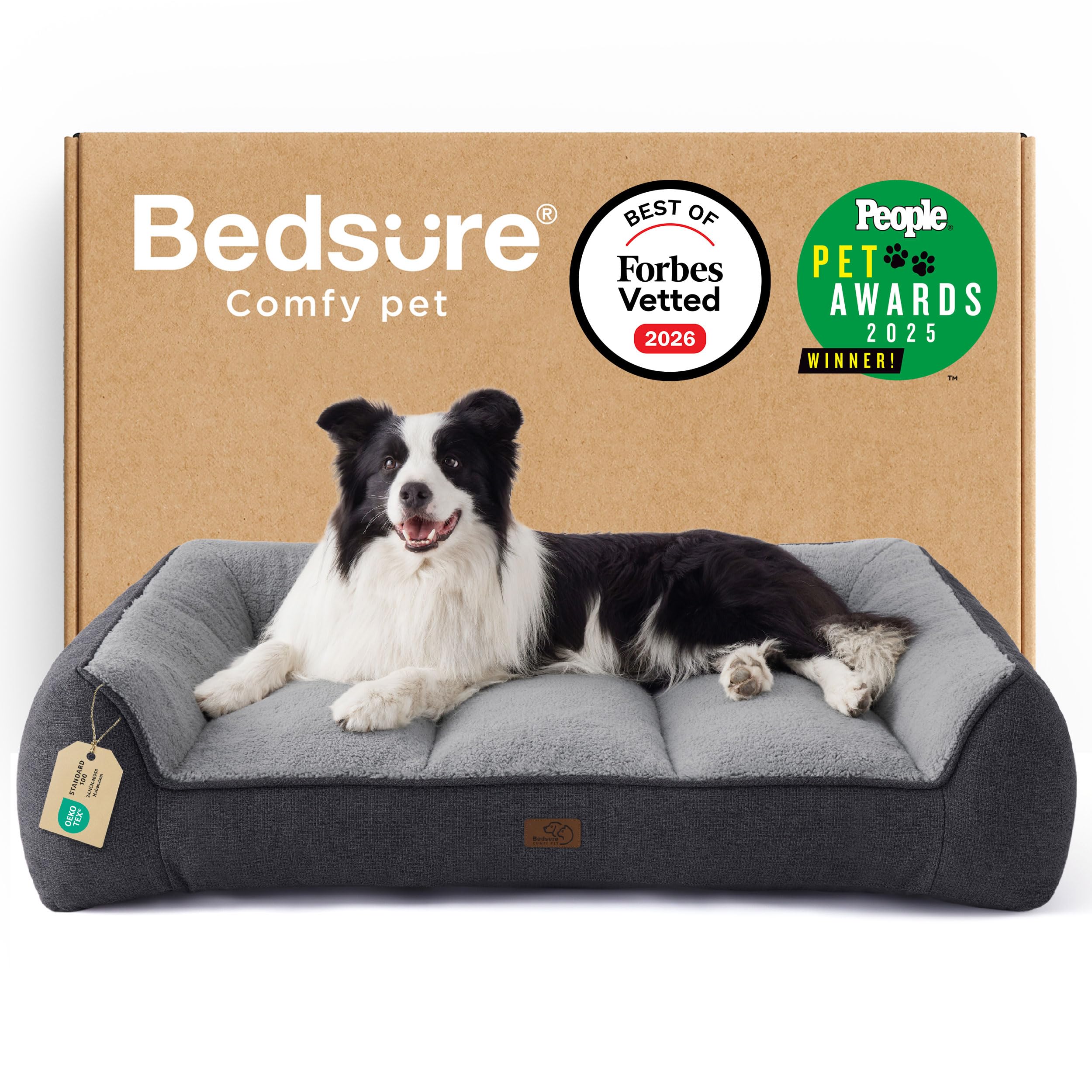 Bedsure XL Orthopedic Dog Beds Large - 106x76cm Extra Thick Supportive Dogs Sofa with Waterproof Washable Cover, Extra Large Pet Bed Sofa with Soft Plush Sherpa and Nonskid Bottom, Dark Grey